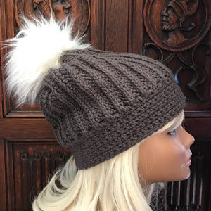 Charcoal Crochet Slouchy with Faux Fur Pompom Hat